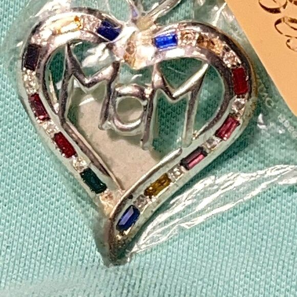 MOM pendant with multi colored stones silver tone 1.5”x 2.25” NWT - Picture 2 of 6